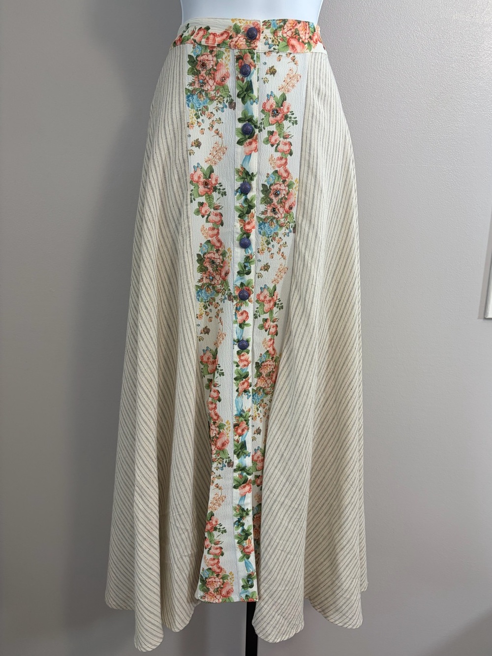 NWT Aratta Silent Journey Cream Floral-Panel Maxi Skirt with Button Front Detail
